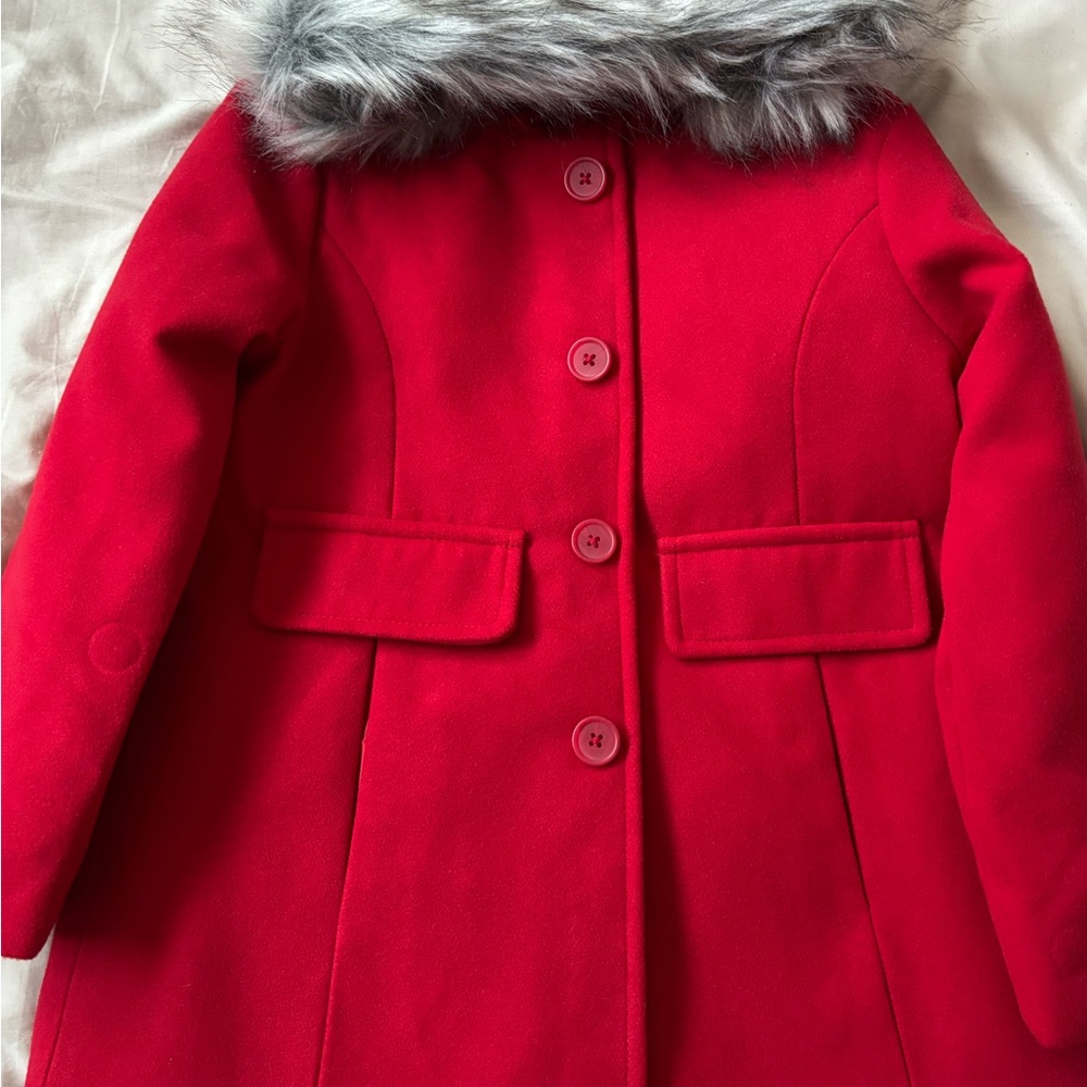 Red Kids Coat with Faux Fur Collar